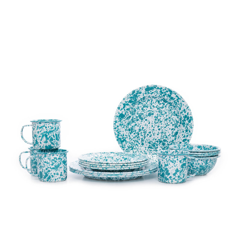 Splatterware Crow Canyon Enamelware Splatter 16 Piece Dinnerware Set, Turquoise
