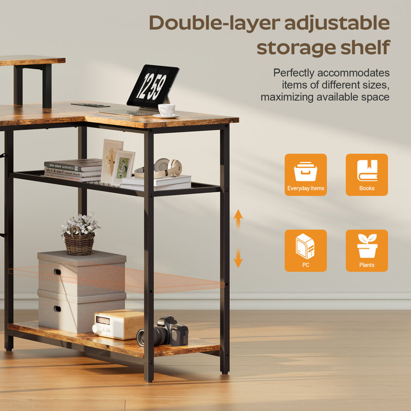  43 Inch Computer Desk with Power Outlet & LED Lights, L Shaped Desk with Storage Shelves, Corner Computer Gaming Desk Table with Monitor Stand, Home Office Desk for Bedroom, Rustic Brown