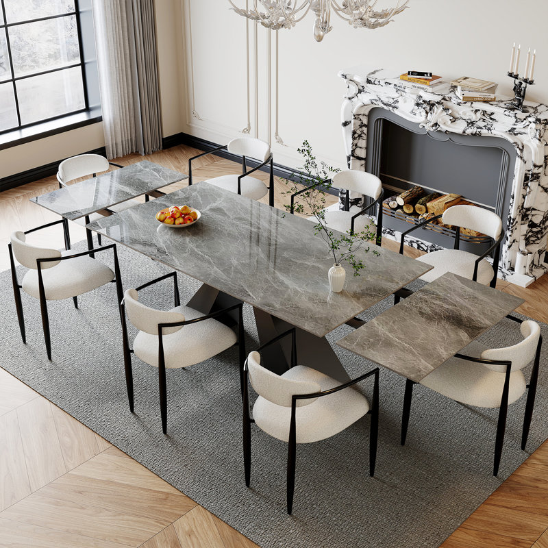 Ensemble de table de salle à manger 9 pièces Recline avec table de salle à manger extensible en pierre frittée de 110,23 po et 8 chaises en tissu