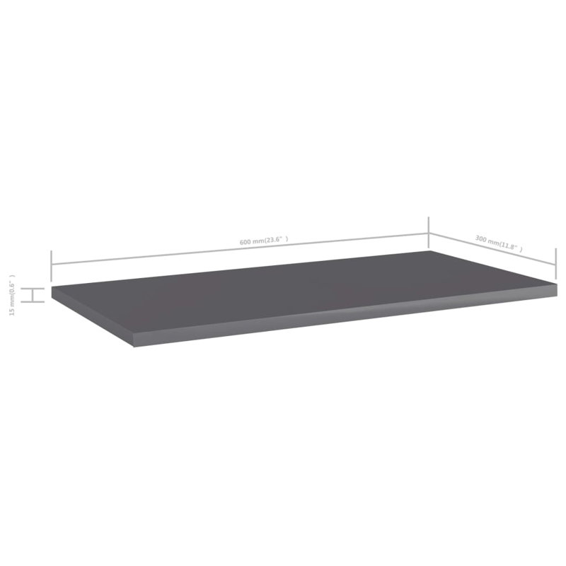 Bookshelf Boards 8 pcs Engineered Wood, High Gloss Gray, (8 Shelves) 0.59" H x 23.62" W x 3.94" D