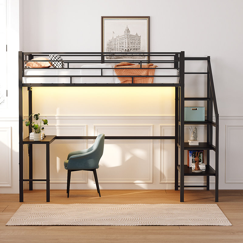 Lit mezzanine simple en métal noir avec bureau, 2 stations de charge, éclairage à DEL, robuste, escalier, garde-robe