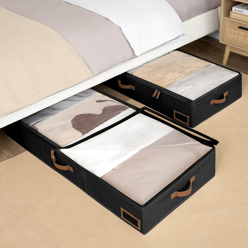 Large Underbed Storage Containers with Handles and Label Holder, Fabric Underbed Bins for Clothes, Blankets, Sweaters, Black
