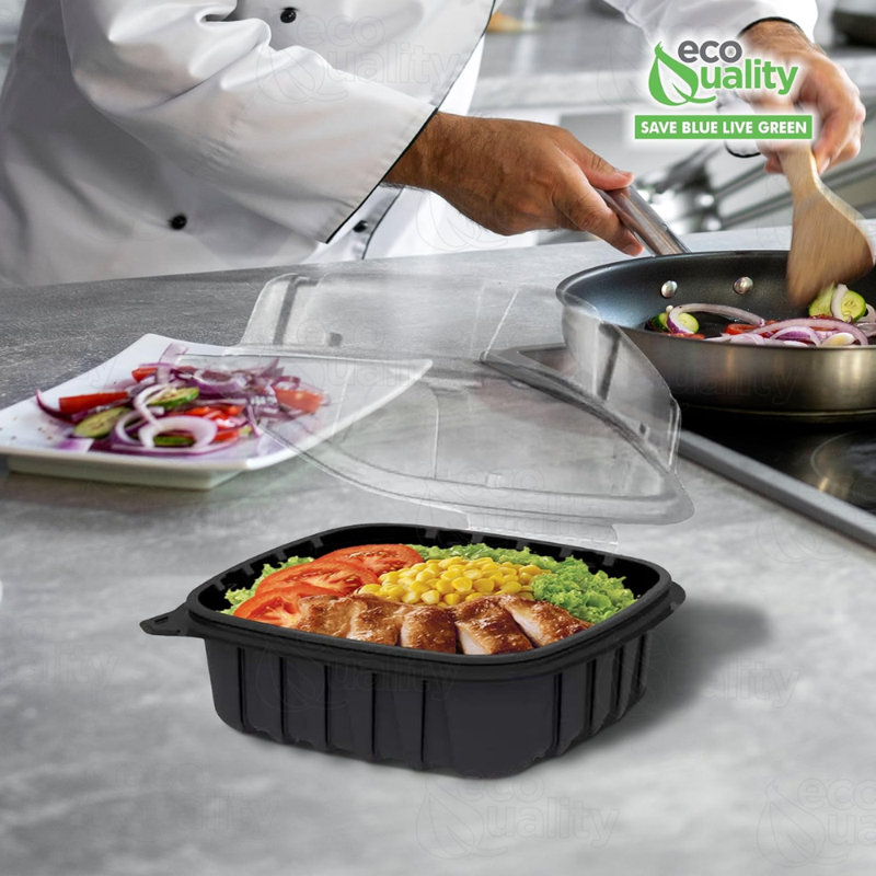  Contenant à charnière 18Oz à charnière noire 6 x 6 x 3 pouces avec couvercle transparent et contenant alimentaire jetable pour emporter, restaurants, préparation de repas, traiteur, livraison (160)