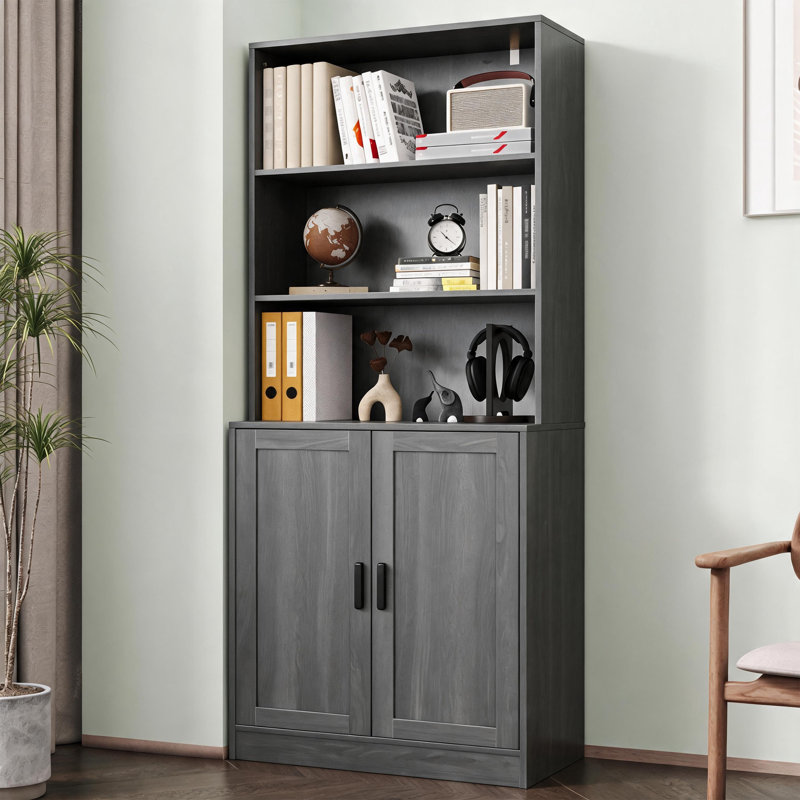 75" Tall Bookcase With Doors, 5 Tier Large Bookshelf With Cabinet, Standing Wood Display Book Shelf For Living Room, Office, Library With Doors