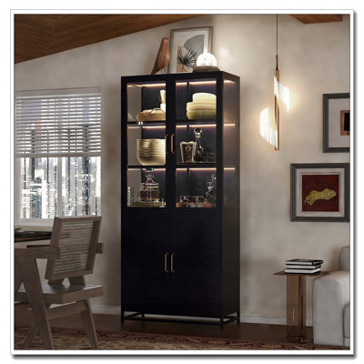 76.75'' Tall Display Bookcase with Double Glass Doors and LED Lights