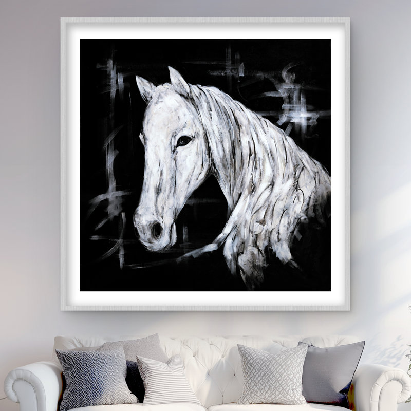 Abstrait, vue de profil de cheval - reproduction encadrée mate pour la décoration, H 48 po x l 48 po, Argent argent