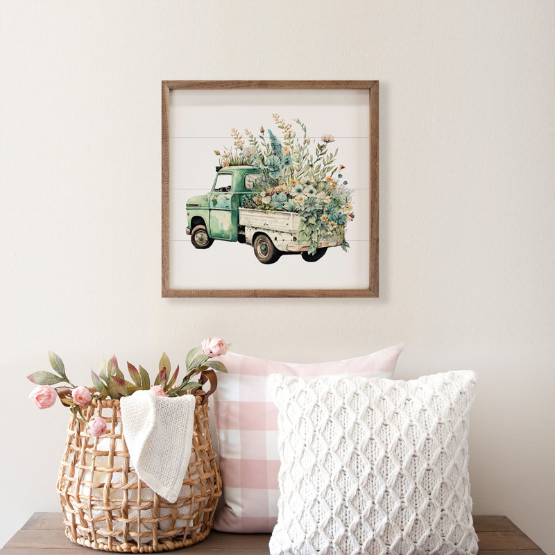 Camion vert avec boîte blanche en fleurs vue de dos, H 12 po x l 12 po