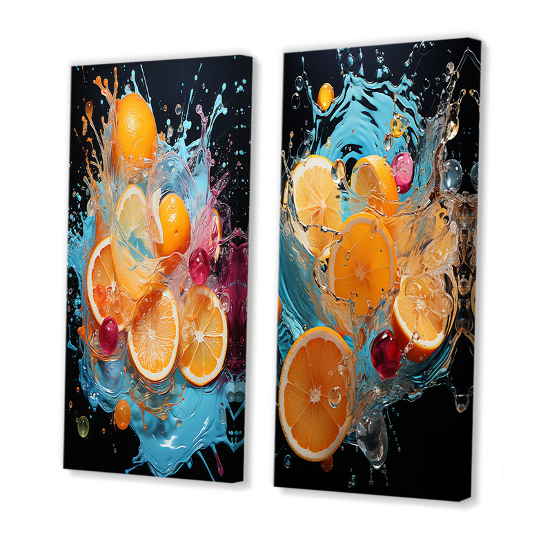 «Orange Soda Fizzy Abstraction», ensemble de 2 impressions murales soda, Toile tendue, H 40 po x l 41 po