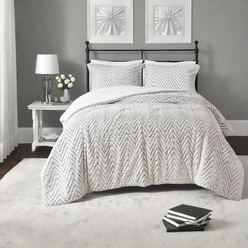 Ensemble de literie en fausse fourrure ivoire ultra pelucheux, édredon simple à chevrons XL avec certification Oeko-tex