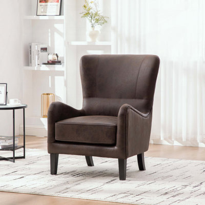 Retro Wingback PU Accent Chair – Solid Wood Legs – Brown