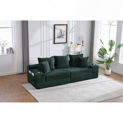 Oversized Boneless Four Seats Sofa with Cup Holder and Side Pockets, Upholstered Corduroy Sofa Bed Cloud Couch with 3 Pillows, 2 Lumbar Pillows.Living Room, Bedroom,No Assembly ,Breathable material