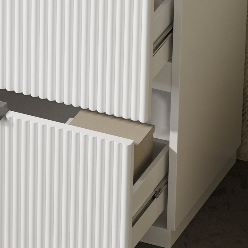 Meuble-lavabo blanc de 30 po avec un design cannelé, des tiroirs à extension lisse et un plateau en céramique brillante dans un agencement de couleurs, un système de tiroir double, un design de trou de déversement