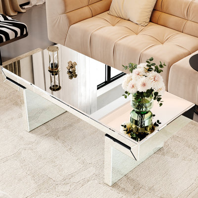 Table basse de luxe rectangulaire à miroir de 47 pouces, verre trempé cannelé, emballage antichoc, convient aux maisons à aire ouverte renforcées, idéale pour les espaces minimalistes