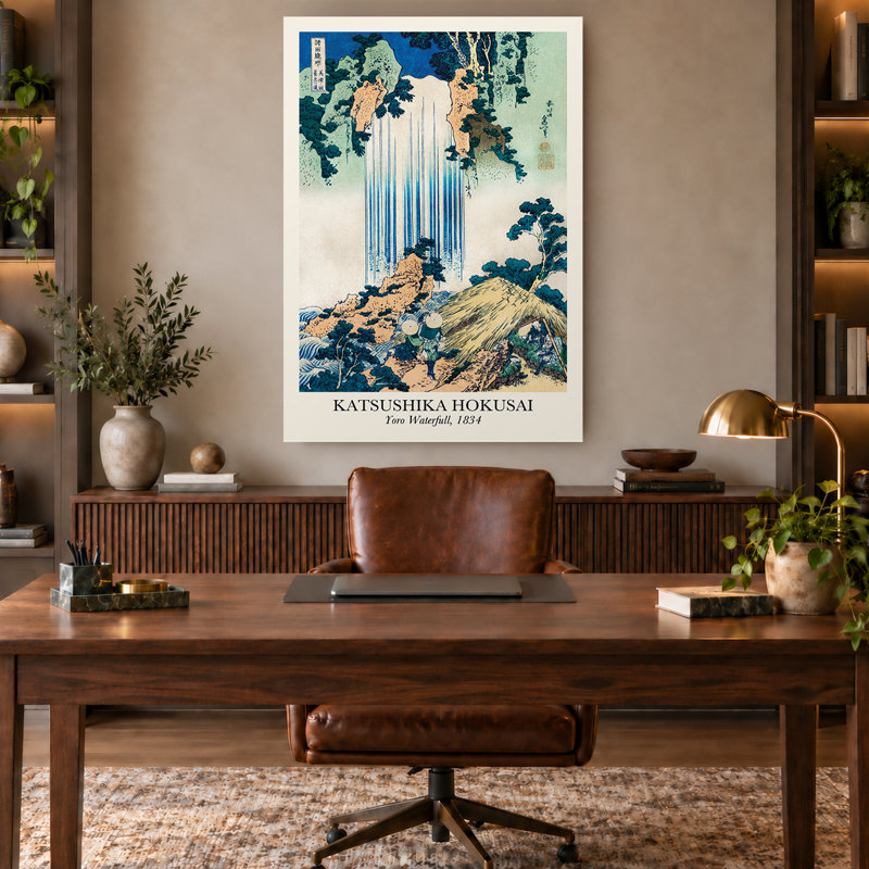 Japanese Waterfall Blue Woodblock Vintage Poster Canvas Wall Art, 30" H x 20" W