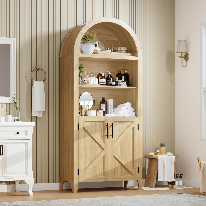 63" Arched Bookcase with Doors, 5-Tier Open Display Shelf & Storage Cabinet for Home Office, Natural