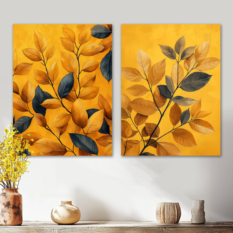Moutarde, feuilles d'automne, étreinte I - feuillage, art mural en métal 2 pièces, H 32 po x l 48 po