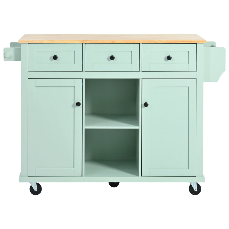 Kitchen Cart With Rubber Wood Drop-Leaf Countertop ,Cabinet Door Internal Storage Racks,Kitchen Island On 5 Wheels With Storage Cabinet And 3 Drawers