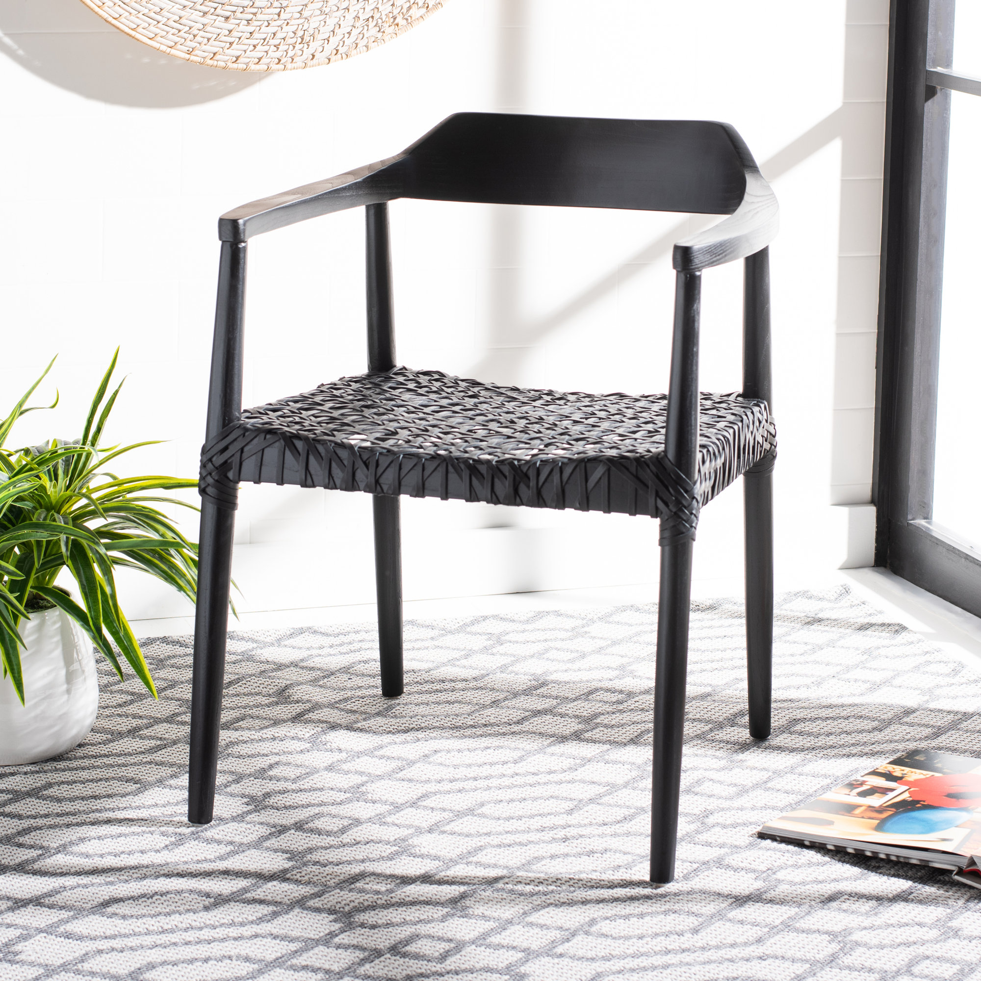 Bruna 22'' Wide Dining Chair, Black Genuine Leather, Black
