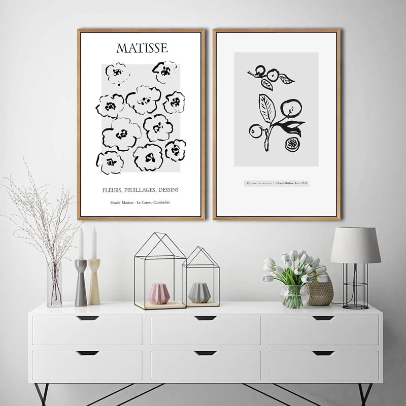Dessin de Dasies avec des fleurs et une branche d'olivier, formes abstraites, illustrations contemporaines, H 24 po x l 16 po