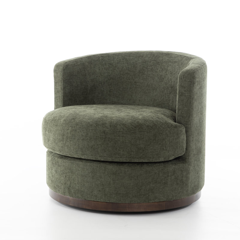 Arabella Upholstered Fabric Swivel Solid Wood Barrel Chair, Juniper Performance Chenille