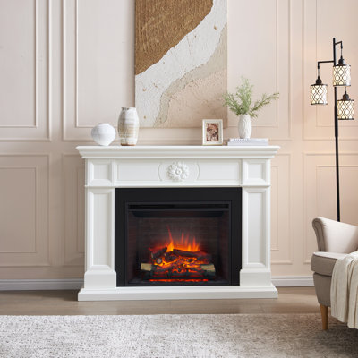 30” Electric Fireplace Insert With 57" Mantel Surround, Cream White with Exquisite Carving, 750W/1500W, Adjustable Flame, Fire Crackling Sound, Remote