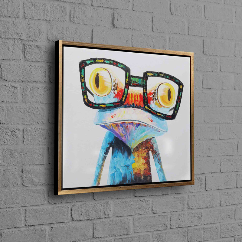Toile en coton Frolick Frog avec des lunettes, H 18 po x l 18 po, Reproduction encadrée sans passe-partout, Or