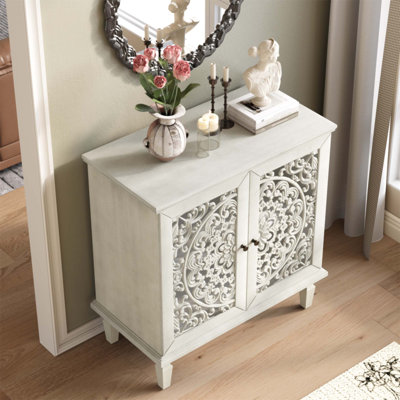 Commode d'appoint rétro sculptée, buffet de rangement à 2 portes avec motif floral symétrique, tablette réglable et pieds en bois massif pour le vestibule du salon