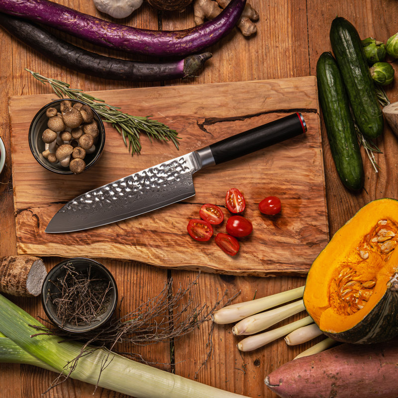 Santoku en acier Damas avec bambou Saya et boîte en bambou - lame de 18 cm (7 pouces)