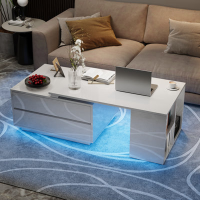  35"- 60" Extandable LED Coffee Tables With Storage 4 Drawers & Open Shelves