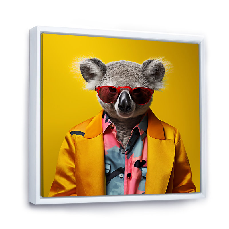 Jaune en costume Koala I - Koala, art mural animal, Cadre flottant blanc, H 36 po x l 36 po x P 1,5 po