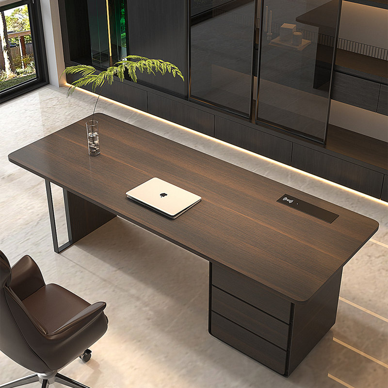 Bureau de luxe 94,49 po avec armoire à tiroirs, prises de courant intégrées sur table, H 29,53 po x l 94,49 po x P 31,5 po