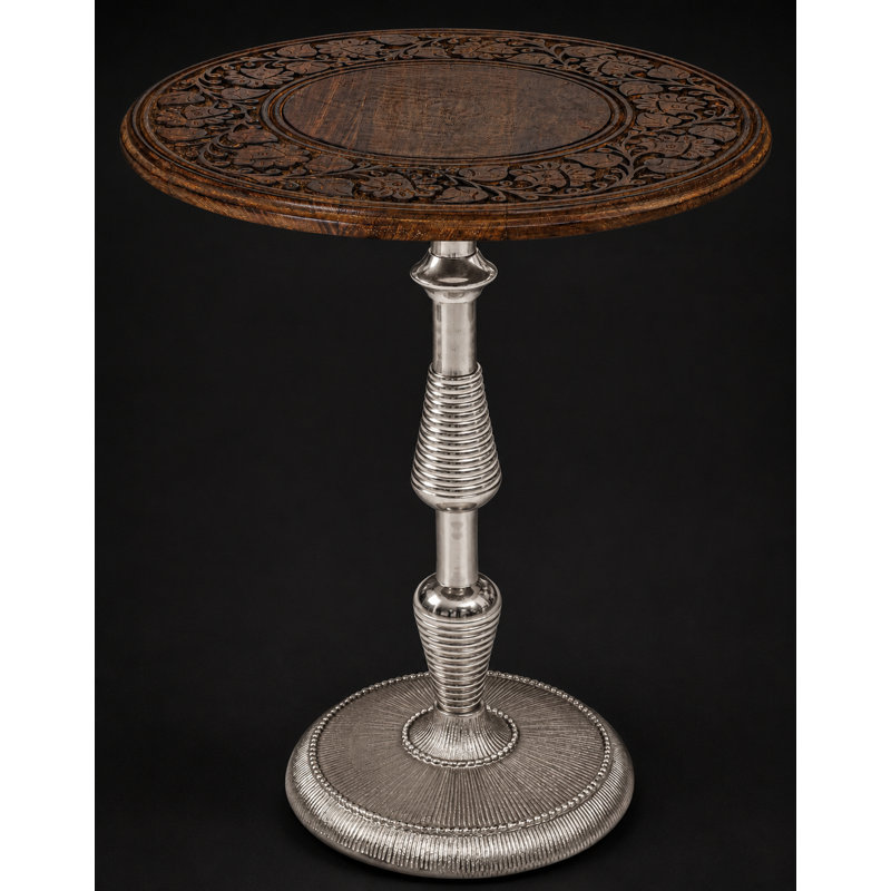 Hand-Carved Boho Folding End Table, Brown & Silver