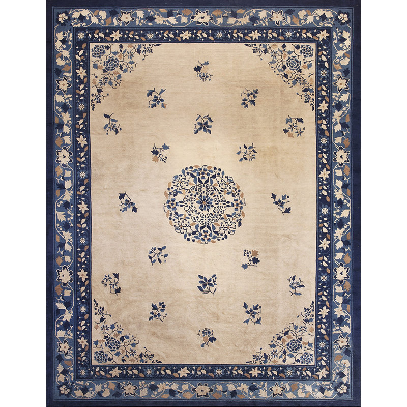 1920s Knotted Antique Room Size Ivory Chinese - Peking Rectangle Wool Rug