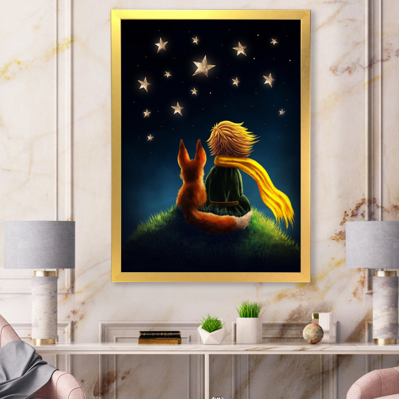 Petit garçon avec renard, Le Petit Prince, impression sur toile, H 21,5 po x l 13,5 po, Cadre doré