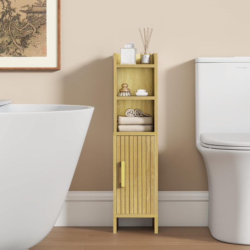 Bathroom Storage Cabinet, Small Corner Floor Cabinet With Fluted Door Narrow Toilet Paper Cabinet With Adjustable Shelves Wooden Slim Bathroom Organizers And Storage For Small Spaces