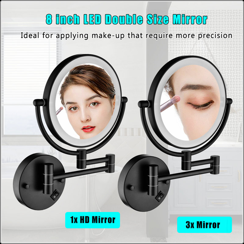LED Wall Mount Two-Sided Magnifying Makeup Vanity Mirror 12 Inch Extension Matte Black, Black
