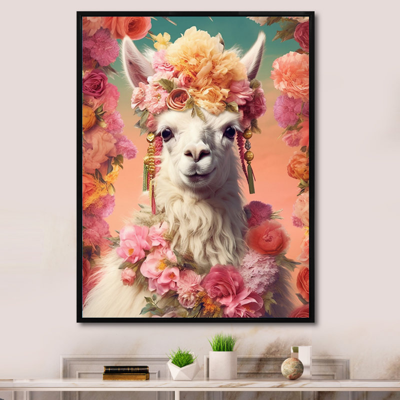 Lama harmonie II sur toile, H 40 po x l 30 po, Encadrement doré