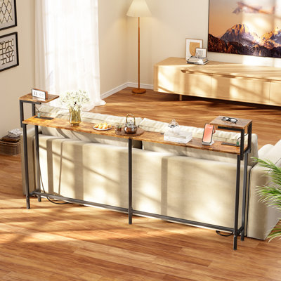  71 Inch Narrow Console Table with Outlet, Behind Couch Table with Double Storage Shelves, Narrow Long Sofa Table with LED Light for Living Room, Entryway Desk for Hallway, Rustic Brown