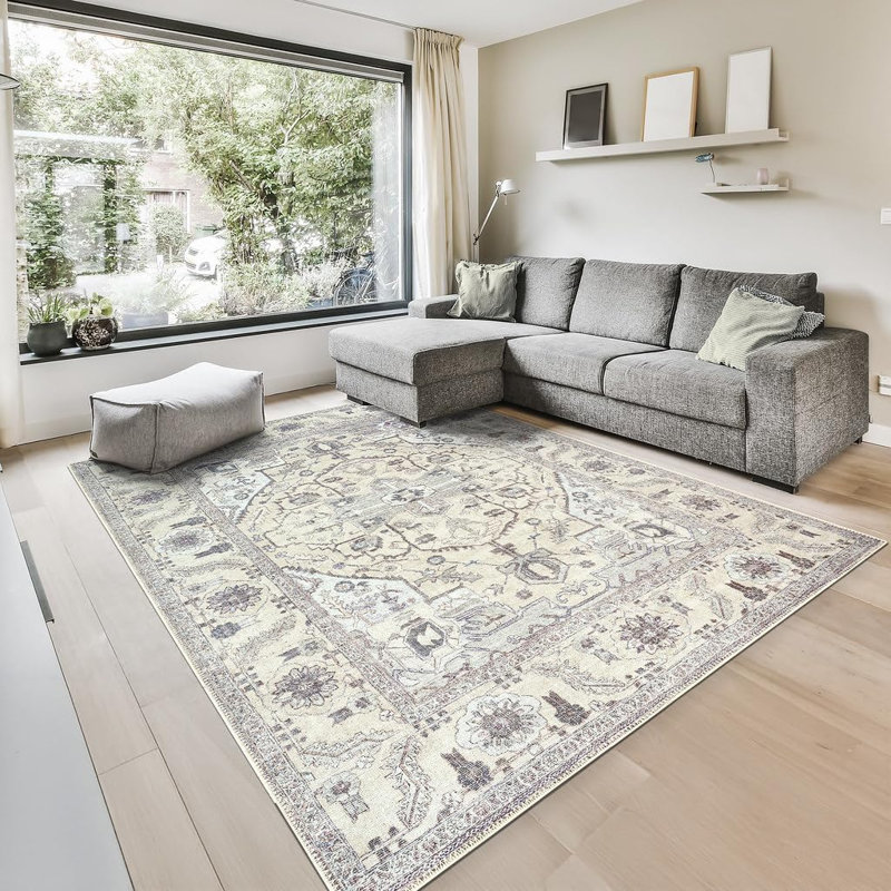 GLN Rugs Traditional Collection - Machine Washable Area Rug, Bohemian Vintage Washable Rug, Non Slip Area Rug, Low Pile Chenille Living Room Rug, Bedroom Rug, Bathroom Rug (Beige and Gray Rug)