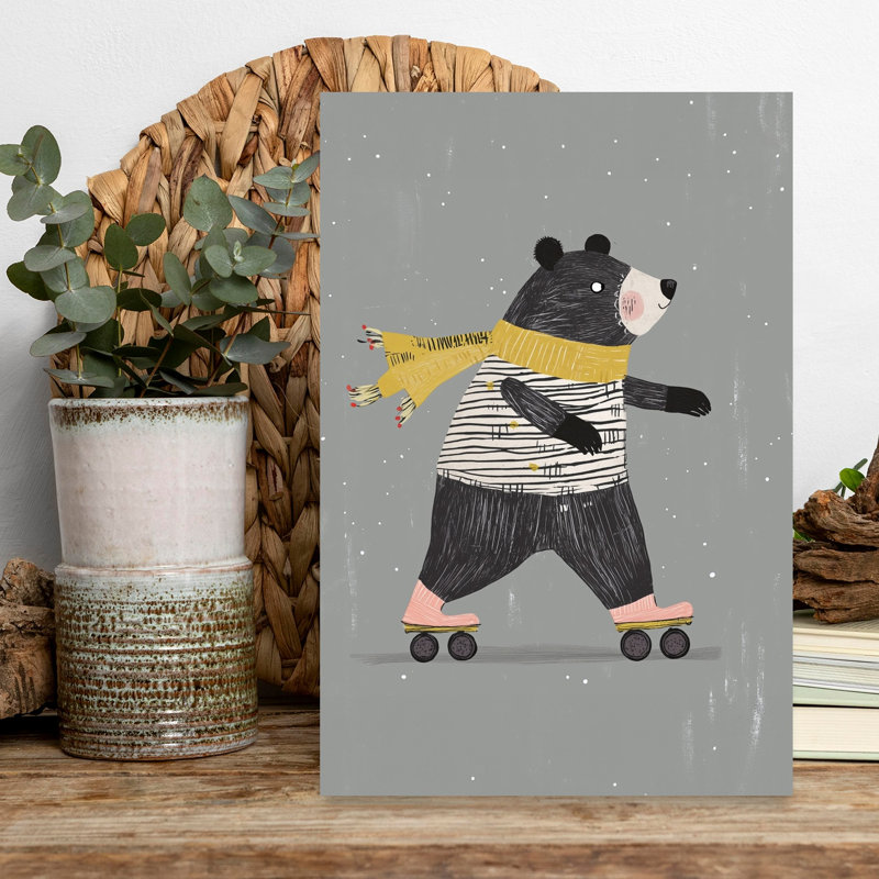 Whimsical Roller Skating Bear Playful Whimsical Abstract Bear Winter Landscape Wall Art Print 1 Piece Wrapped Canvas Wall Art