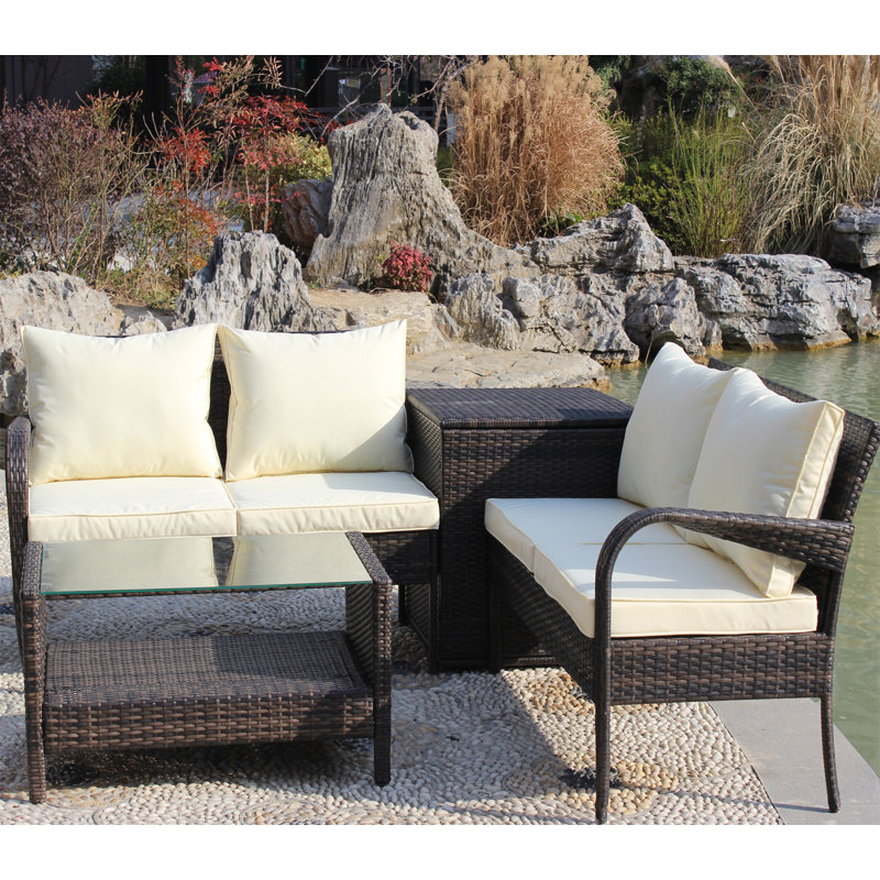 Ensemble de canapé modulaire d'extérieur en rotin et osier 4 pièces avec boîte de rangement