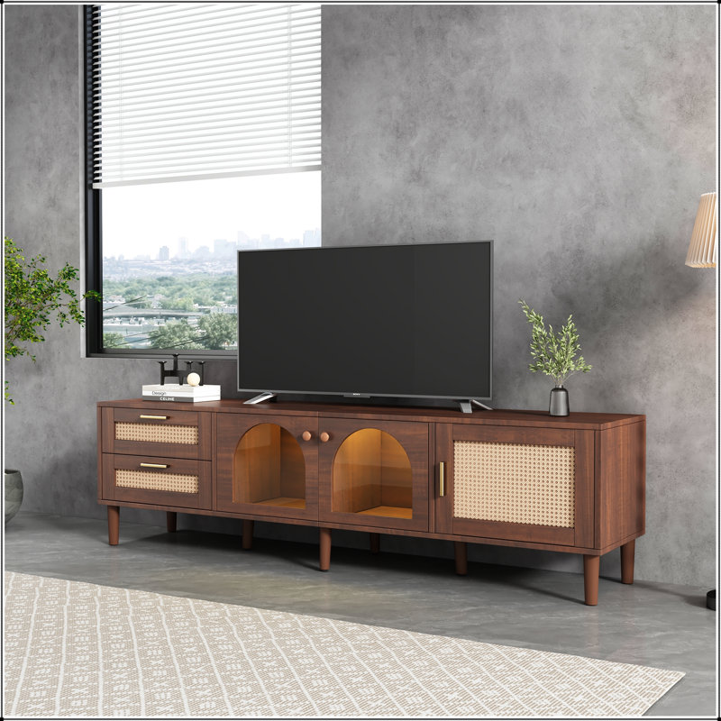 Meuble télé 70,8 po en rotin avec 3 armoires, 2 tiroirs et lumières DEL - brun foncé, Dark Brown, Glass