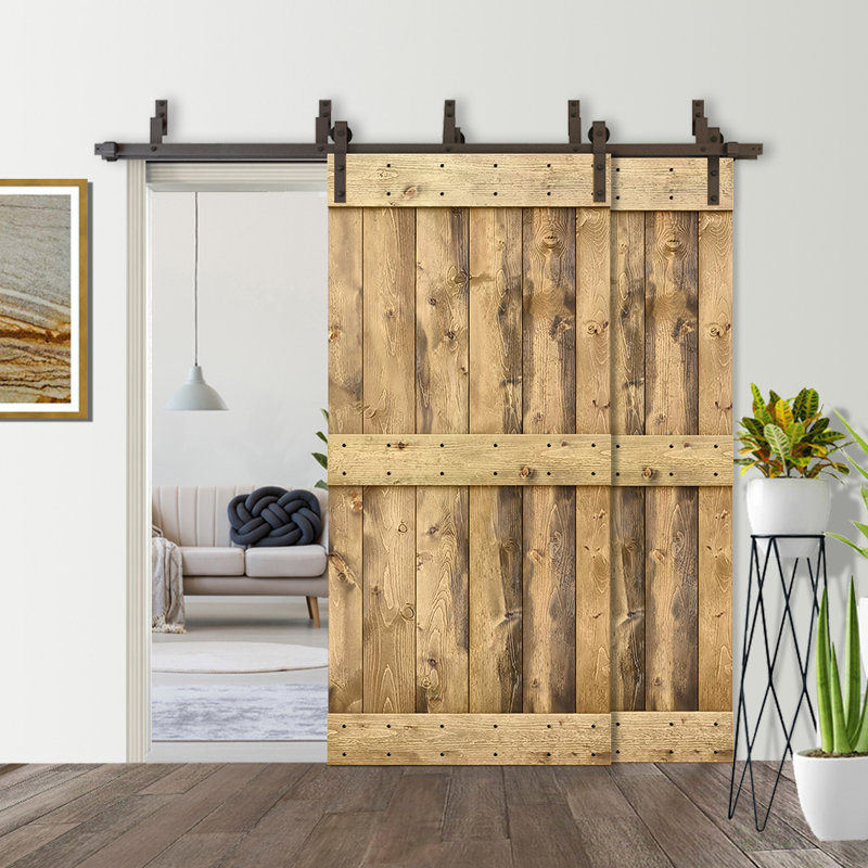 Porte de grange double à panneaux en bois teinté à panneau Mid-Bar, Chêne vieilli, 44 po x 84 po