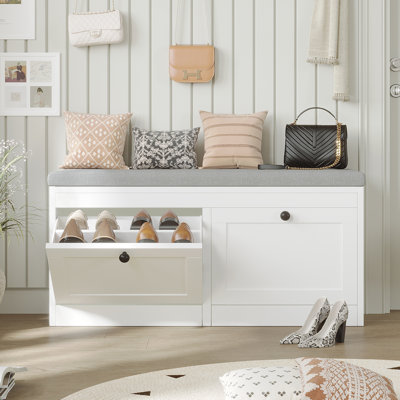Banc à chaussures pour 8 paires avec coussin moelleux et étagères ajustables, banc à chaussures 2 portes pour entrée