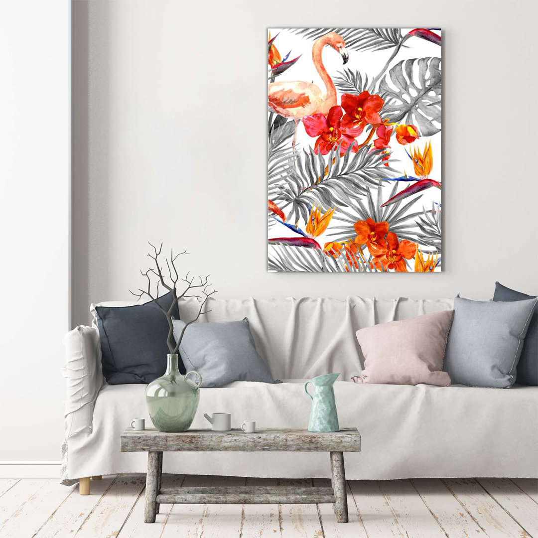 Flamingos und Blumen - Kunstdrucke auf Segeltuch