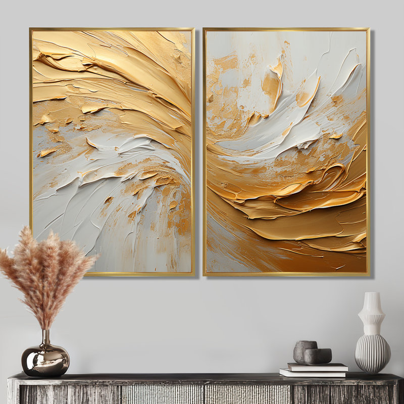 Or et beige, peinture à vague douce - art mural moderne bleu, 36" H x 48" W, Floater Framed Print without Mat, Gold
