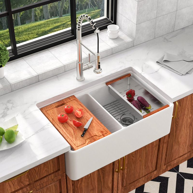 33 Inch Ledge Workstation White Framhouse Kitchen Sink Reversible Fireclay Apron Front Double Bowl Sinks
