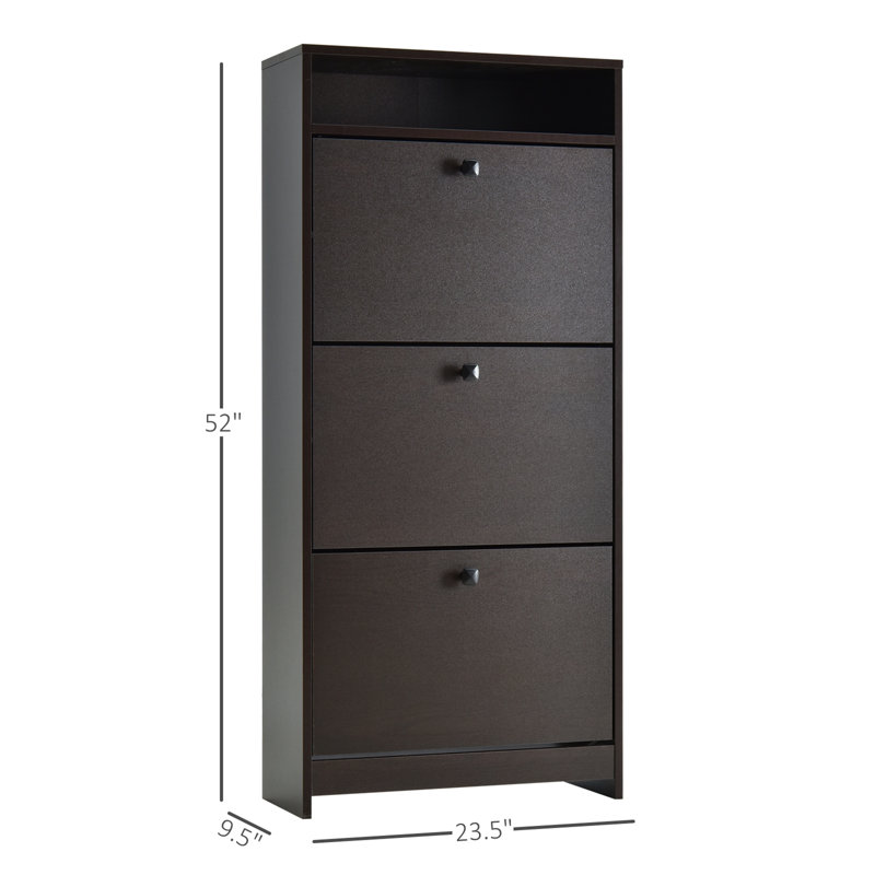 Espresso Slim Shoe Cabinet with 3 Large Fold-Out Drawers & Spacious Top Surface