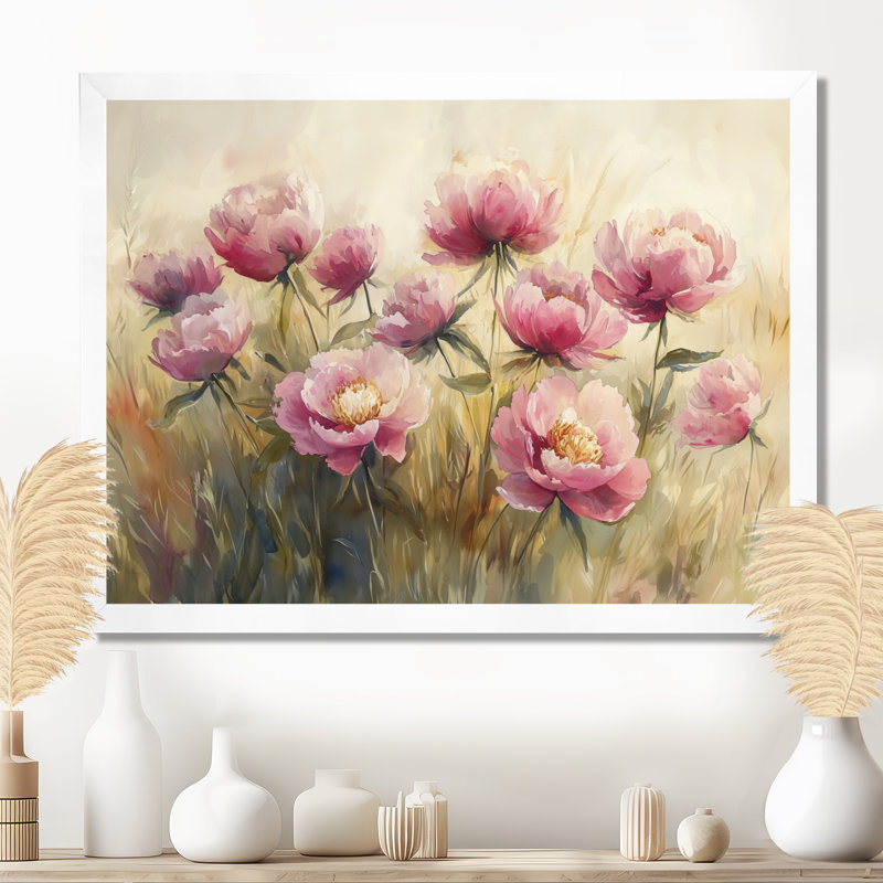 Pivoines dans le champ balayé par le vent III - pivoines, art mural, H 16 po x l 32 po, Cadre simple blanc
