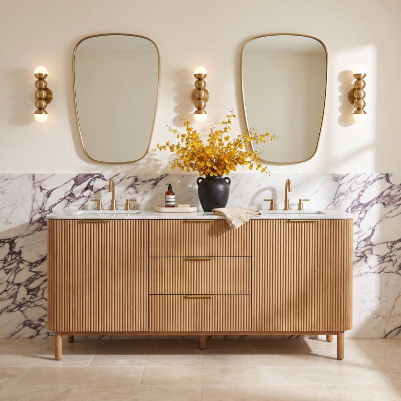 Nova 72" Marble Top Double Sink Vanity, Reeded Birch